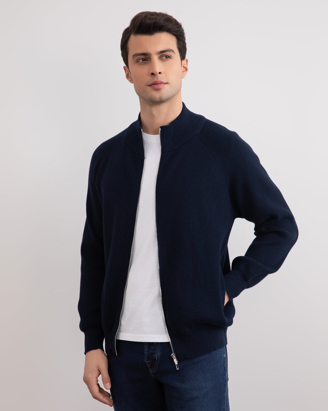 Navy English Rib Full Zip Cardigan
