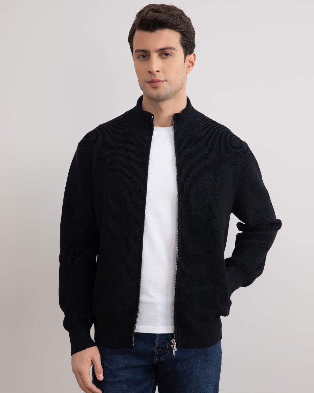 Black English Rib Full Zip Cardigan