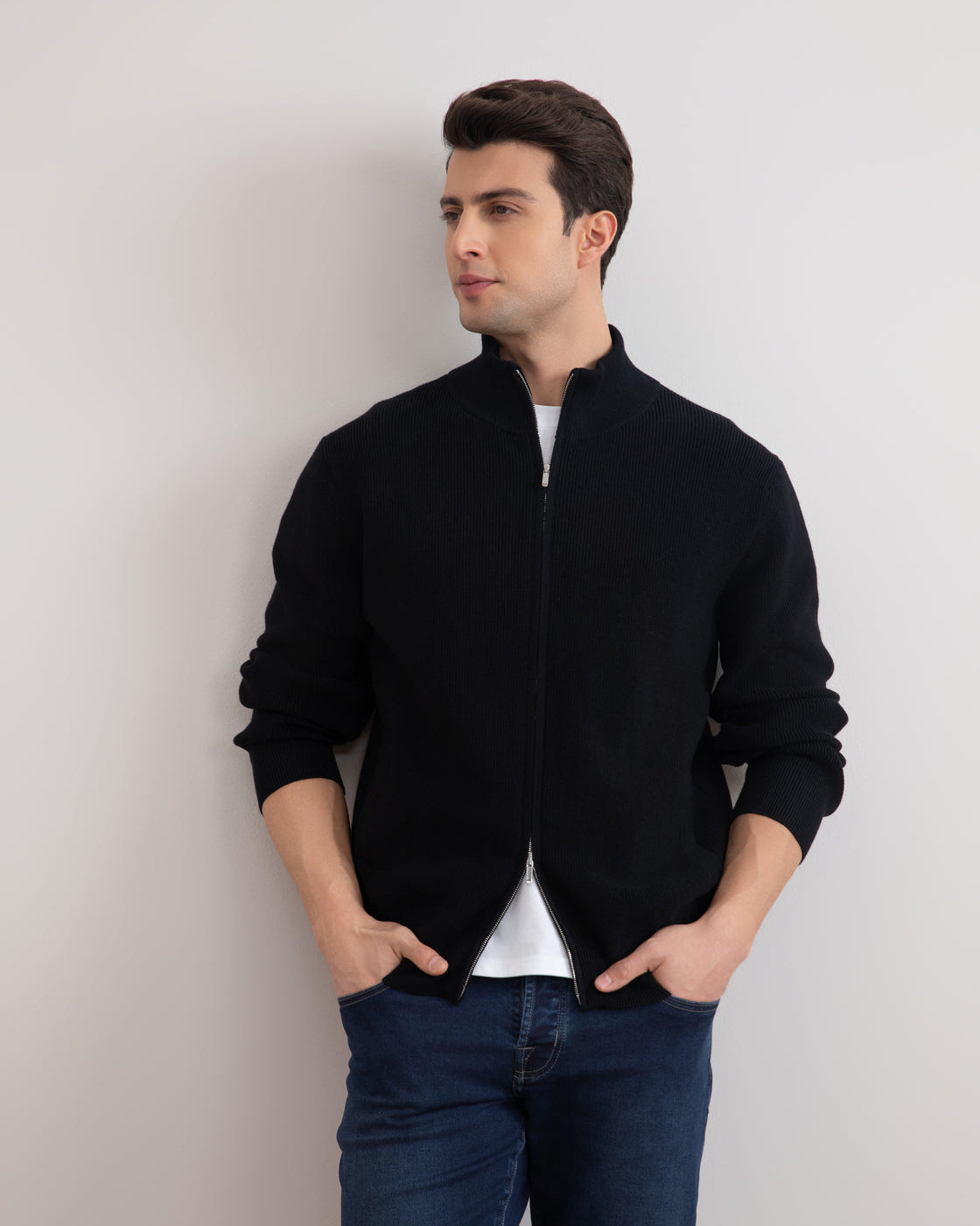 Black English Rib Full Zip Cardigan