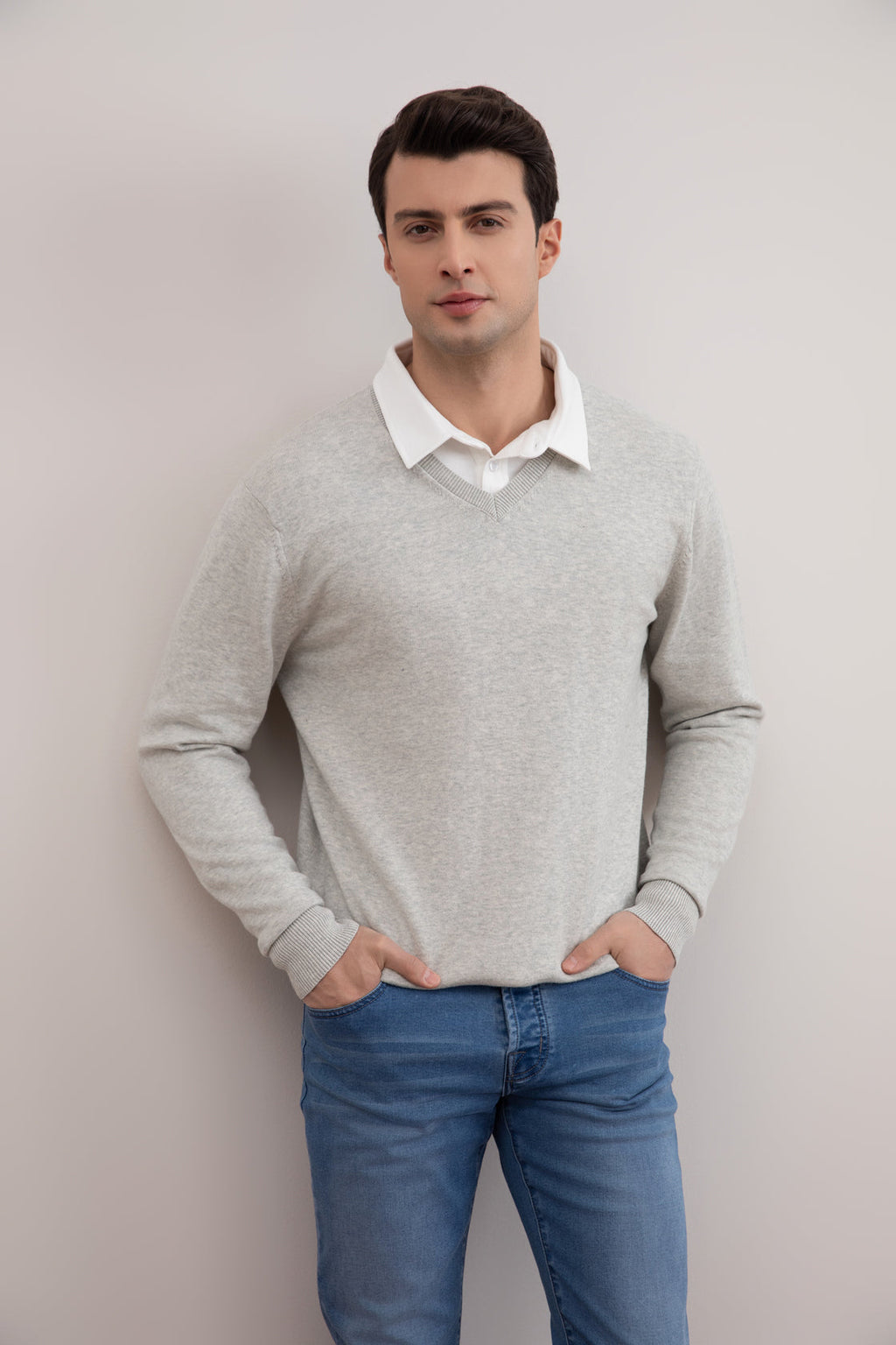 Grey Mélange V-Neck Sweater