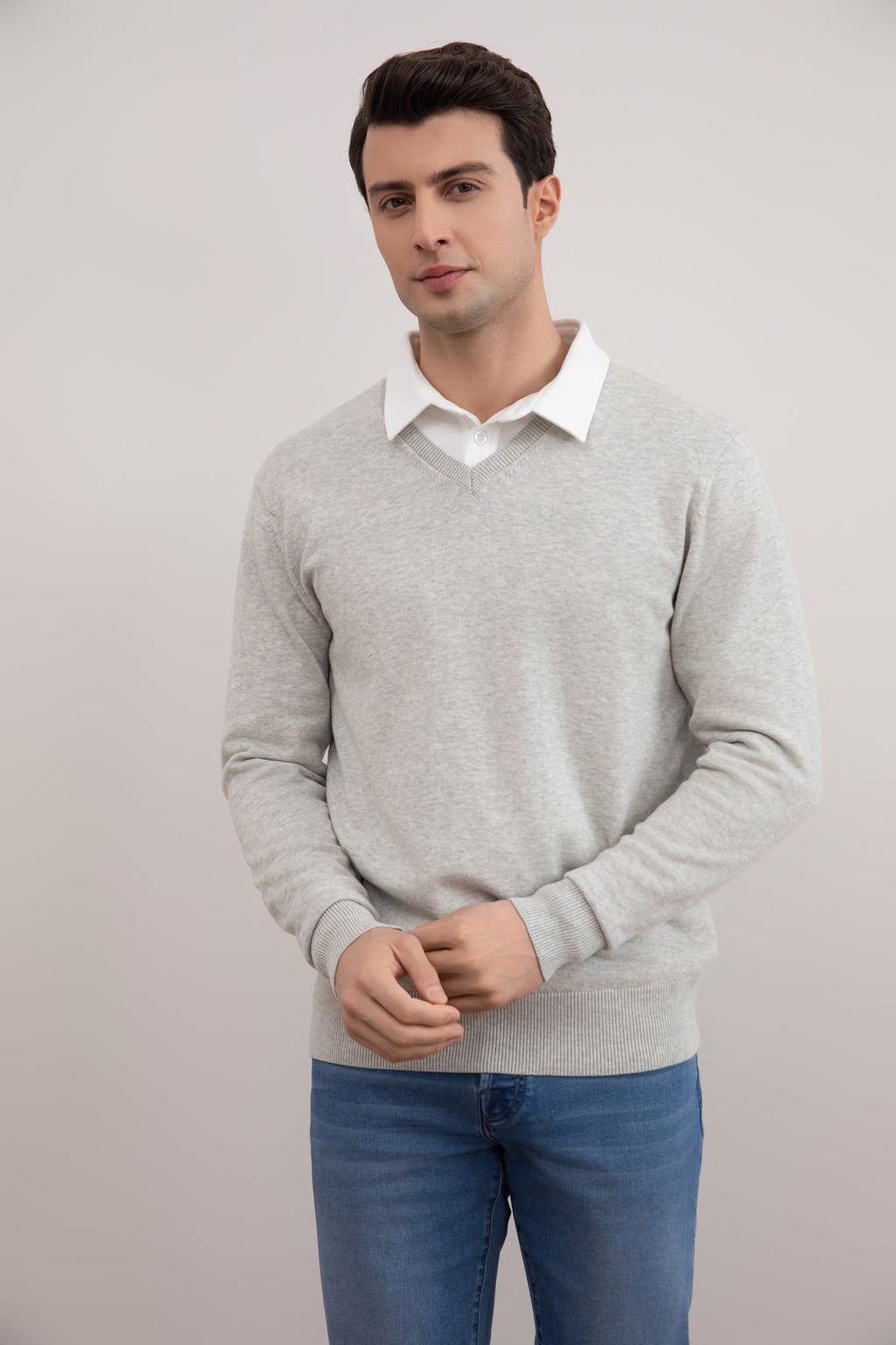 Grey Mélange V-Neck Sweater