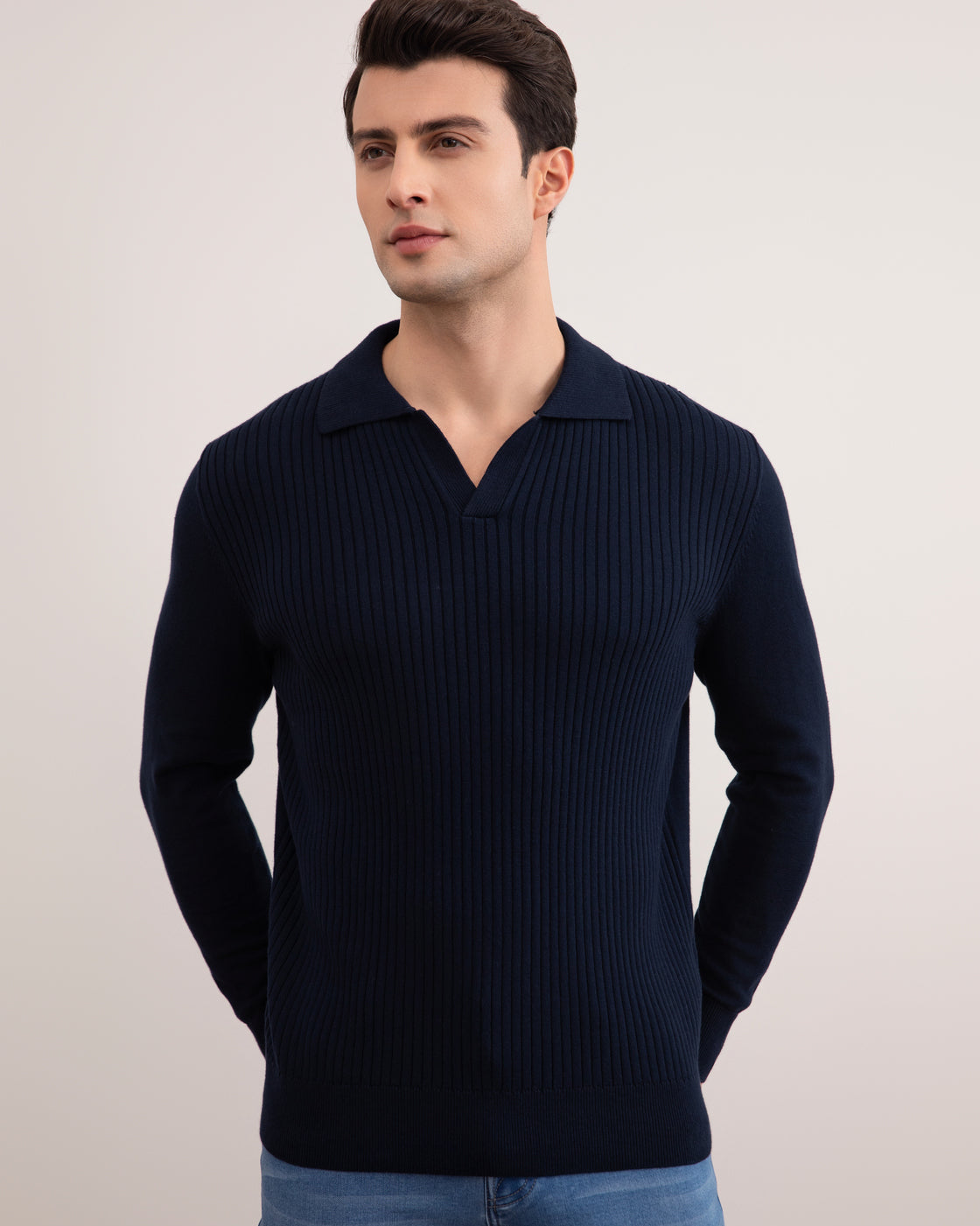 Navy Striped Open Polo Shirt