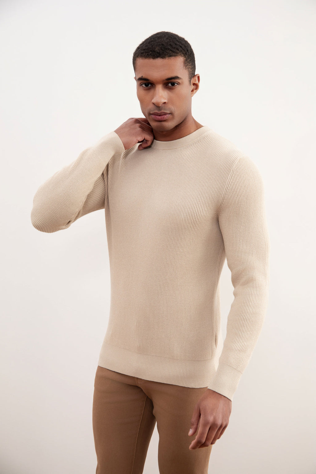 Beige Crewneck Malfilé English Rib Sweater