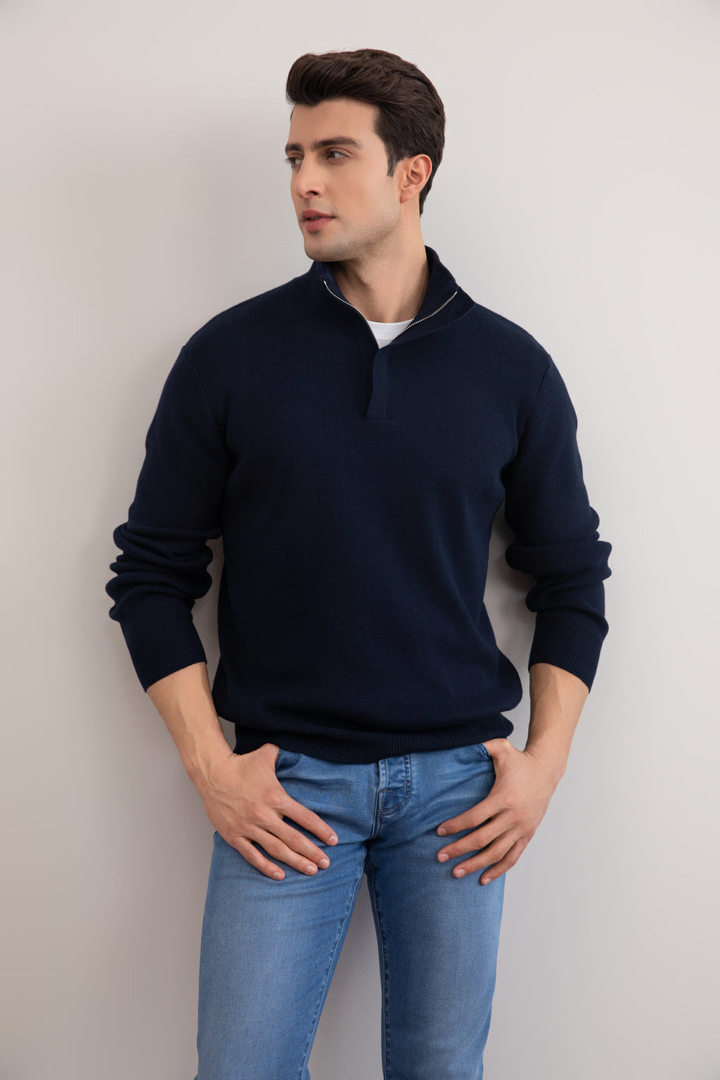 Navy Half-Zip Mock Neck Sweater
