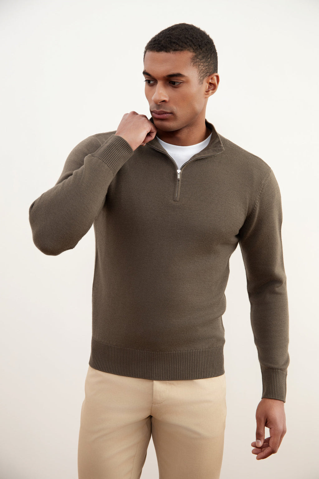 Taupe Merino Wool Half-Zip Sweater