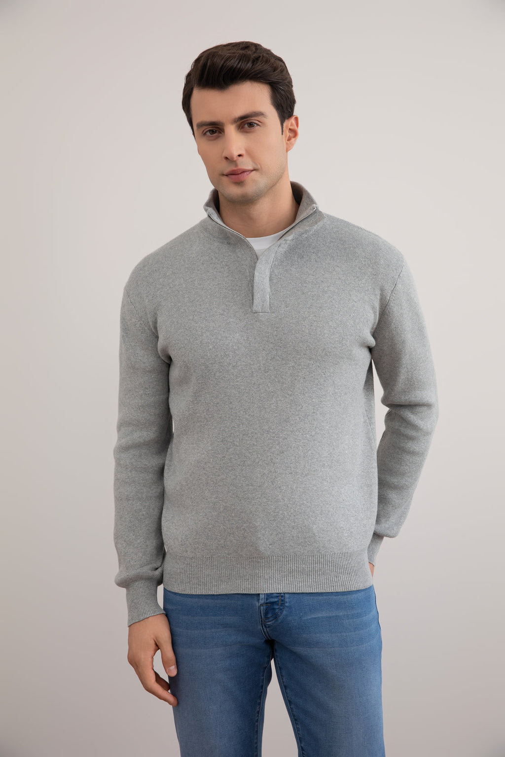 Grey Mélange Half-Zip Mock Neck Sweater