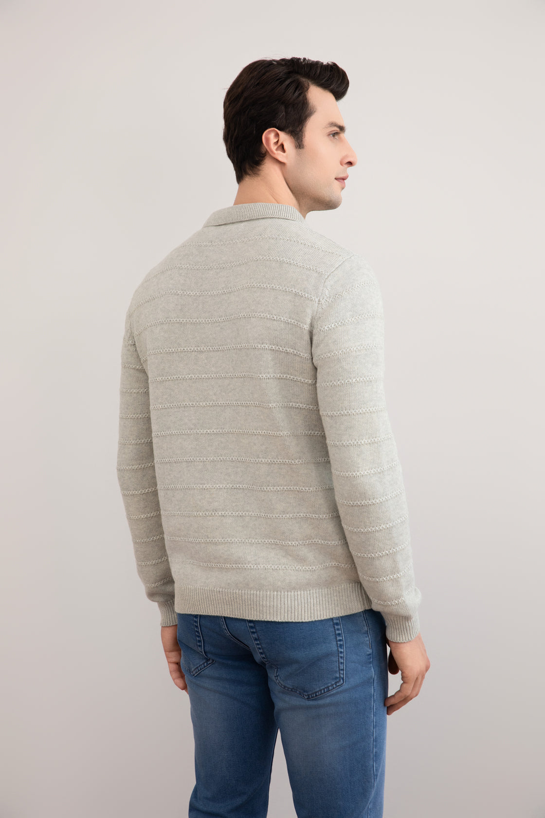 Grey Mélange Knit Texture Open Polo Sweater