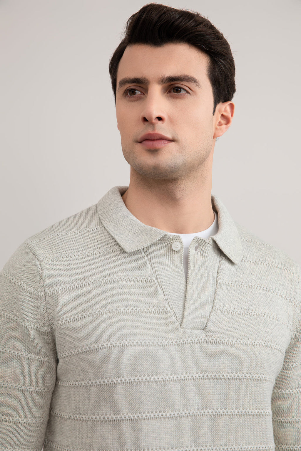 Grey Mélange Knit Texture Open Polo Sweater