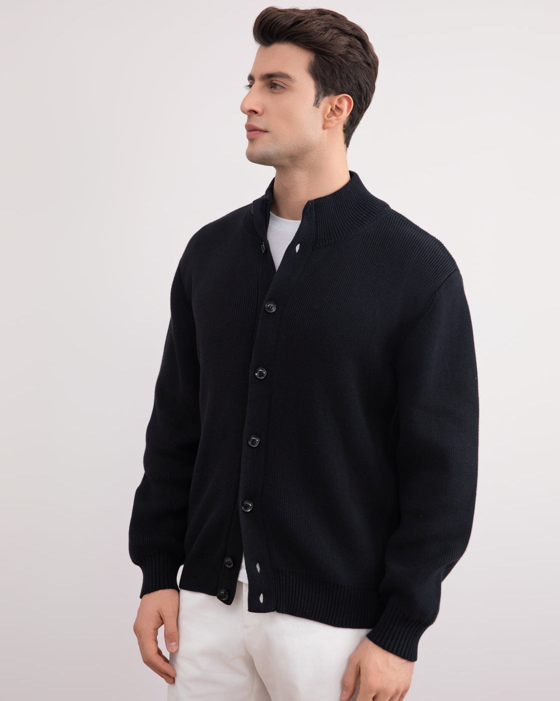 Black Ribbed Button Closure Cardigan