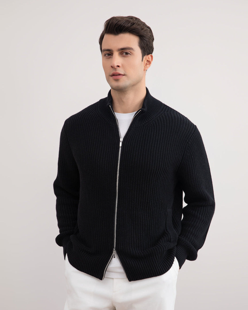Black Ribbed Zip-Up Cardigan