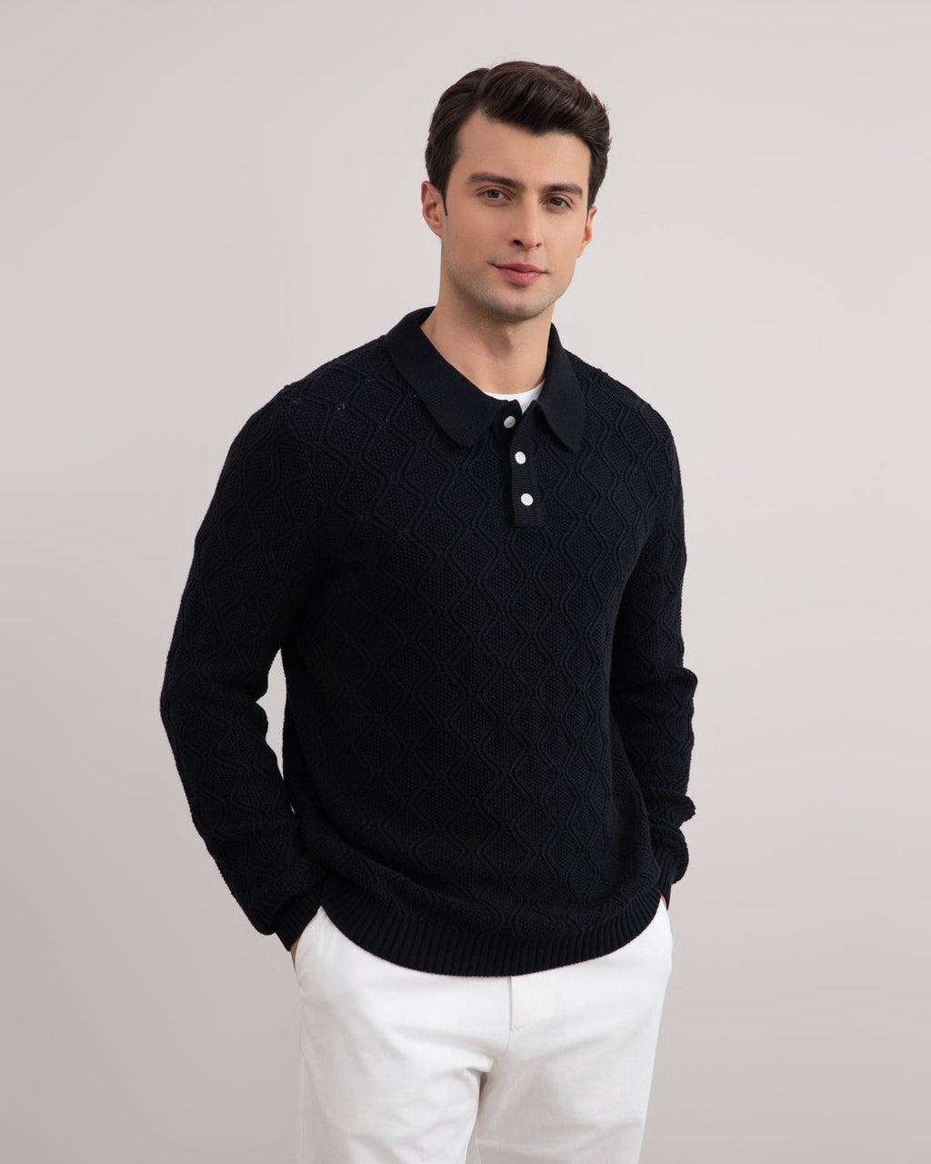 Black Honeycomb Polo Sweater