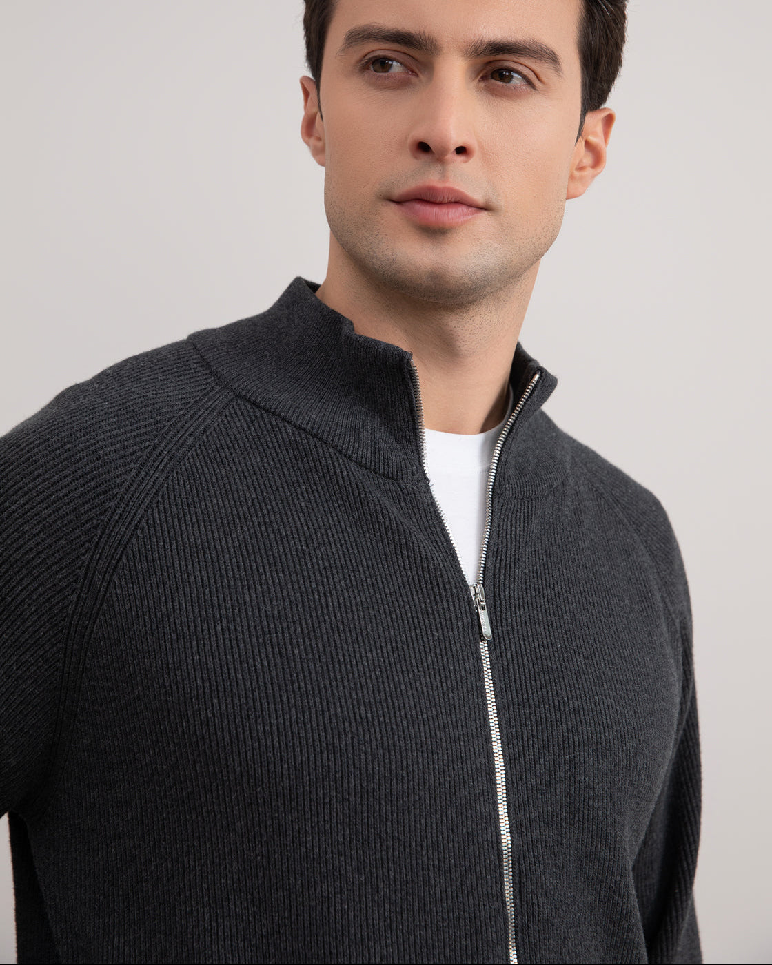 Dark Grey Mélange English Rib Full Zip Cardigan