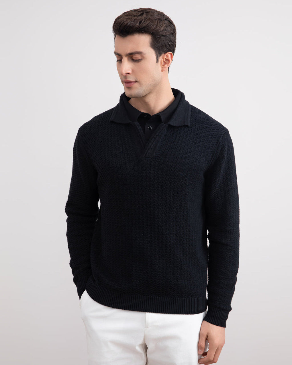 Black Textured Open Polo Sweater