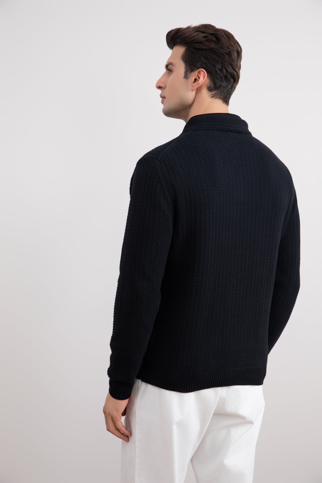Black Textured Open Polo Sweater