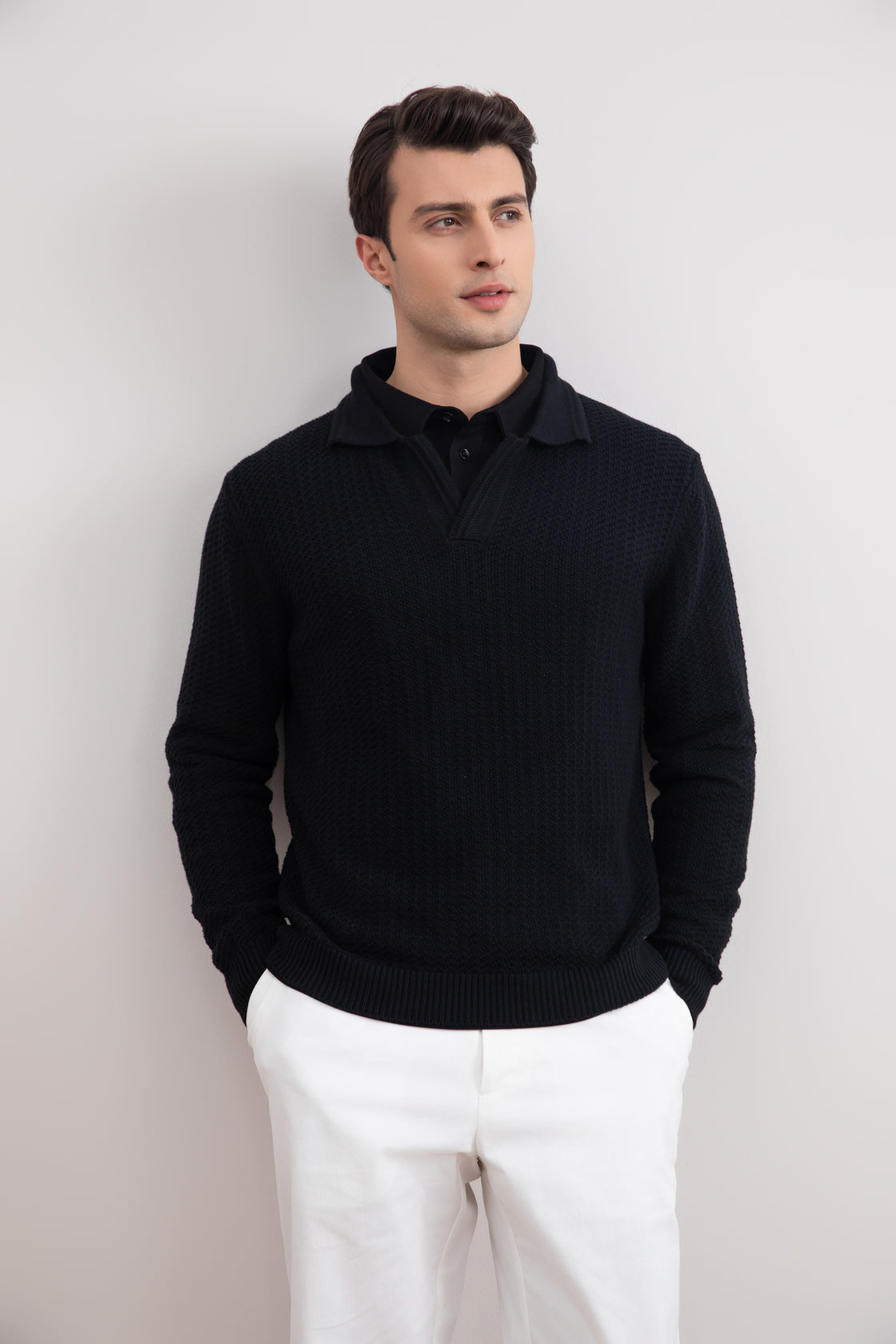 Black Textured Open Polo Sweater
