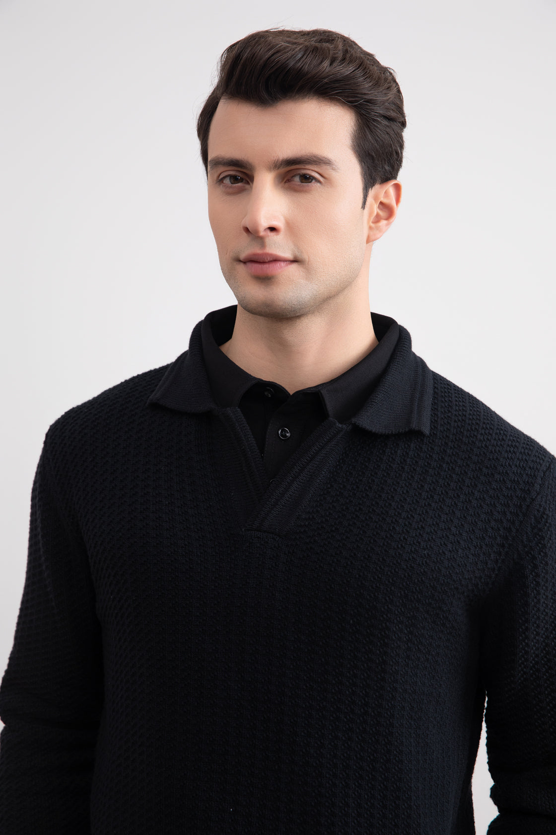 Black Textured Open Polo Sweater