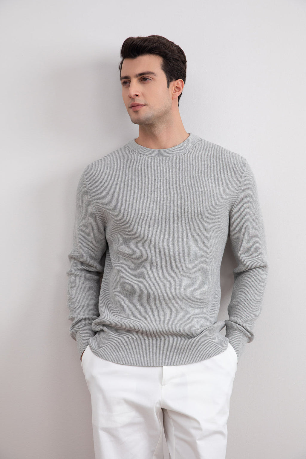 Grey Mélange Crewneck Malfilé English Rib Sweater
