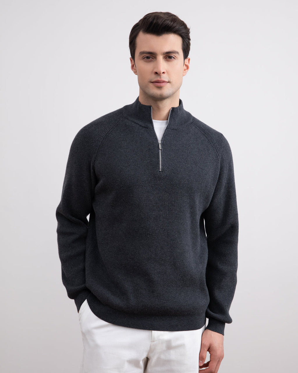 Charcoal English rib turtleneck half-zip sweater