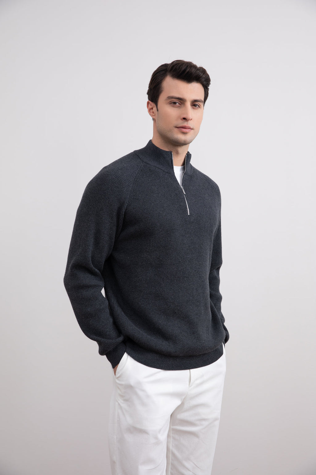 Charcoal English rib turtleneck half-zip sweater