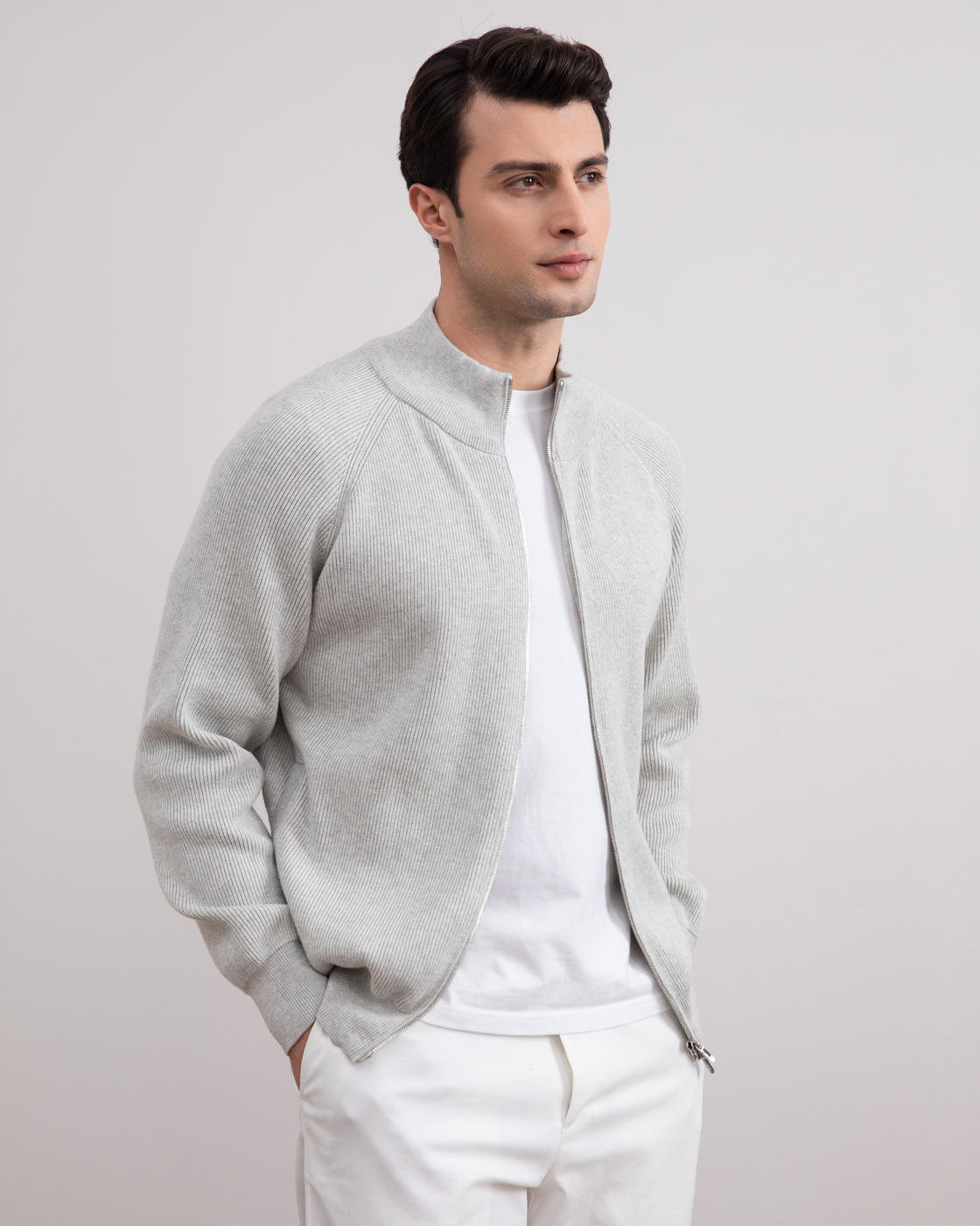 Grey Mélange English Rib Full Zip Cardigan