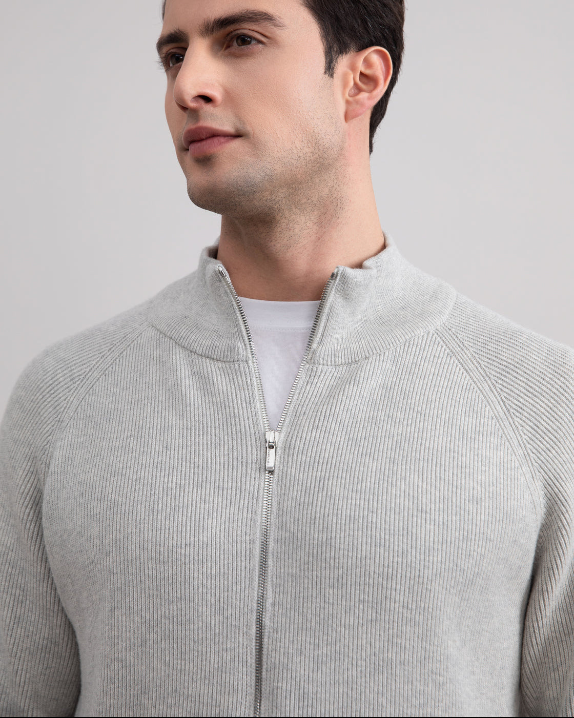 Grey Mélange English Rib Full Zip Cardigan