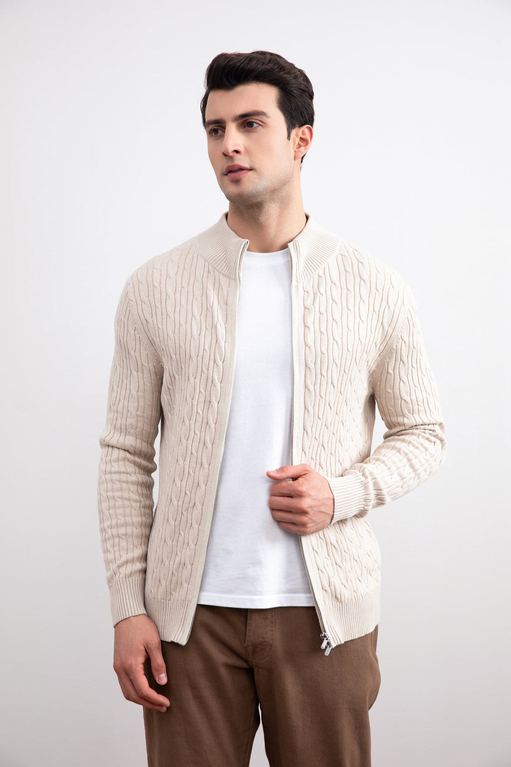 Beige Cable Knit full-zip Sweater