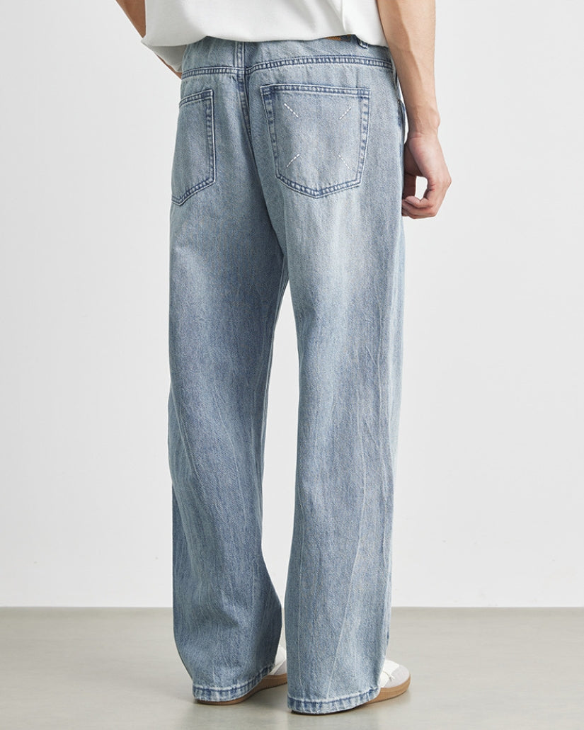 Worn Blue Wide-Leg Jeans