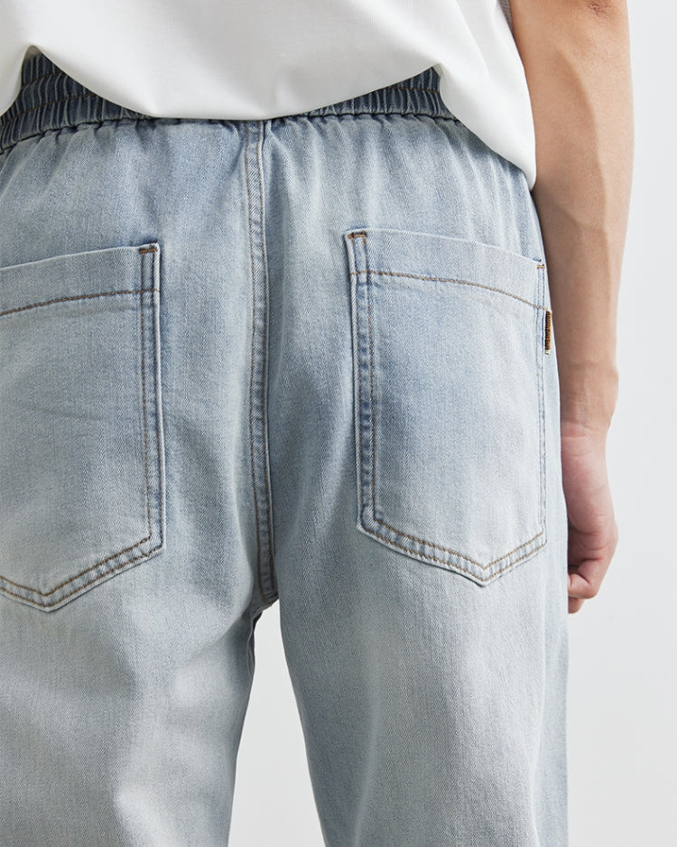 Light Wash Elastic Waistband Drawstring Jeans
