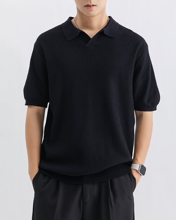 Textured Knit Open Polo Shirt