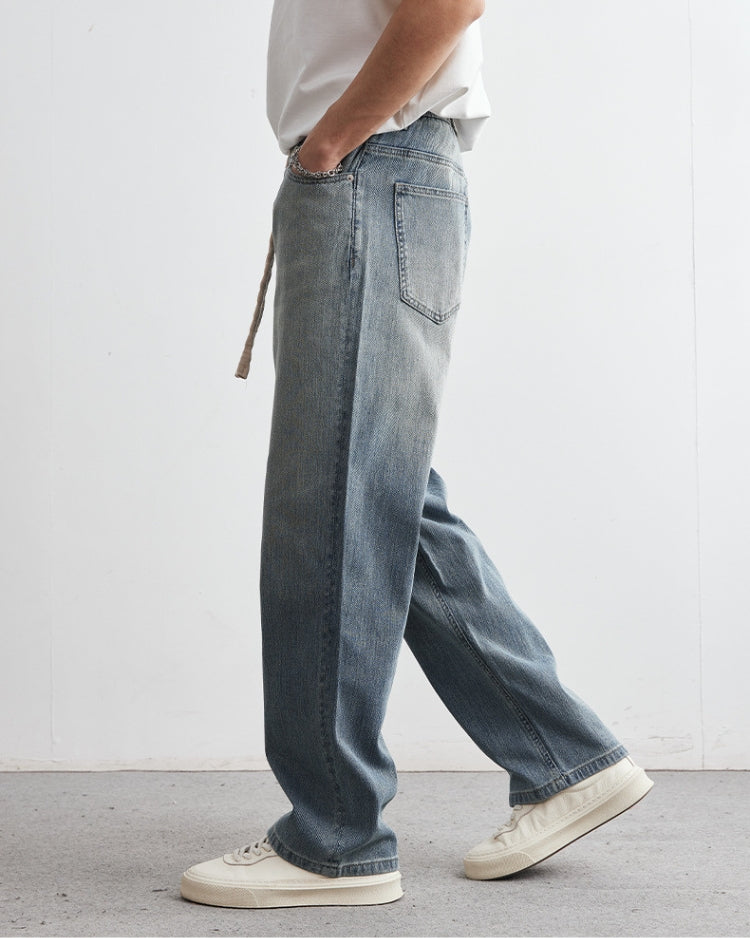 Faded Big Laces Drawstring Straight Jeans