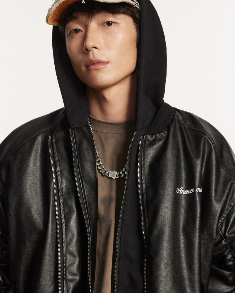 Relaxed Leather ANSWER ME Embroided Bomber Jacket