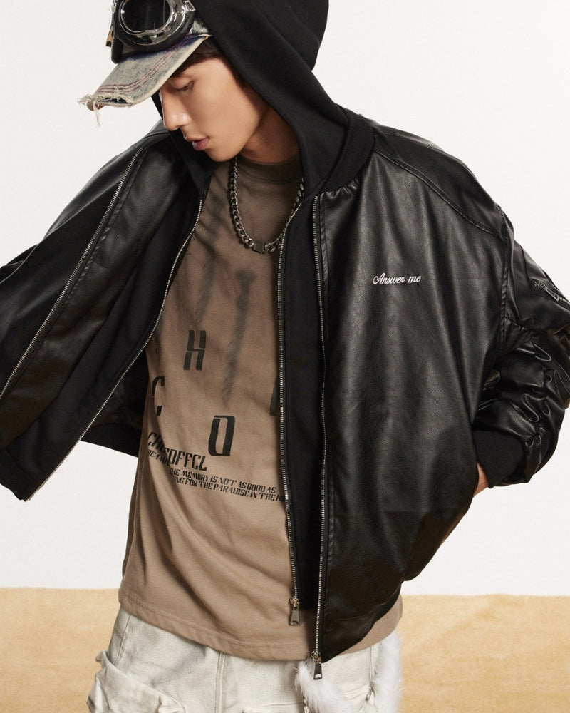 Relaxed Leather ANSWER ME Embroided Bomber Jacket