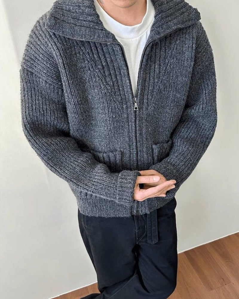 Ribbed Zip-Up Wool Cardigan