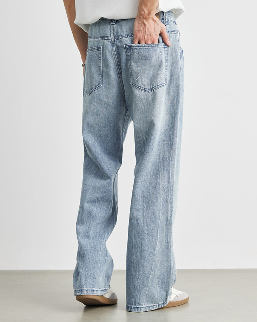 Worn Blue Wide-Leg Jeans