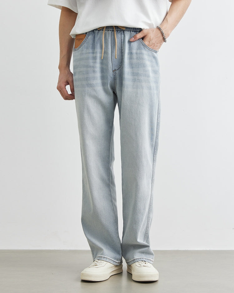 Light Wash Elastic Waistband Drawstring Jeans