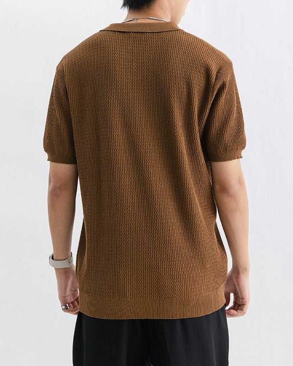 Textured Knit Open Polo Shirt