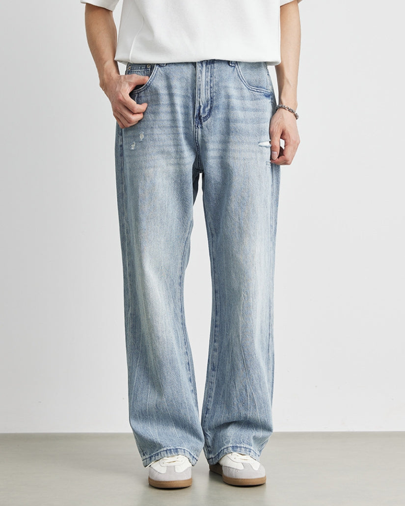 Worn Blue Wide-Leg Jeans