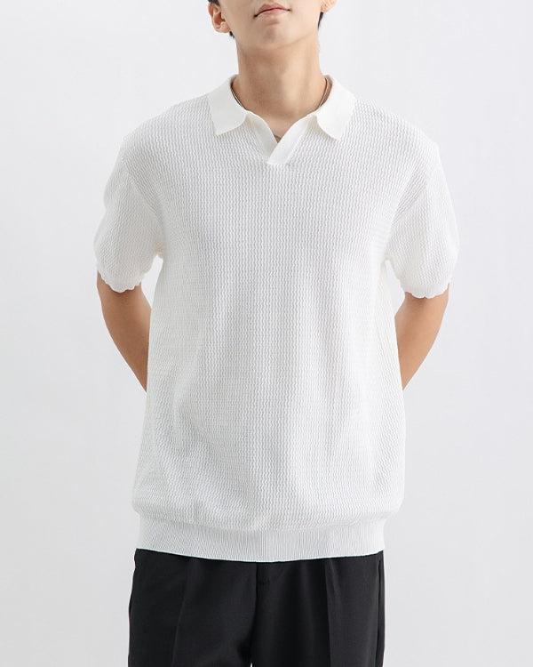 Textured Knit Open Polo Shirt