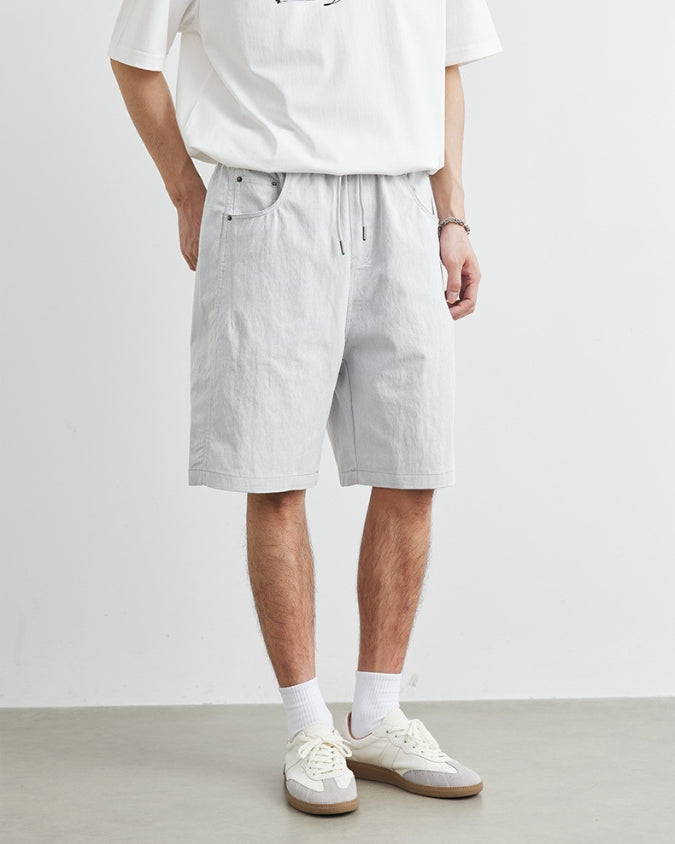 Wide Relaxed Denim Look Shorts with Drawstrings