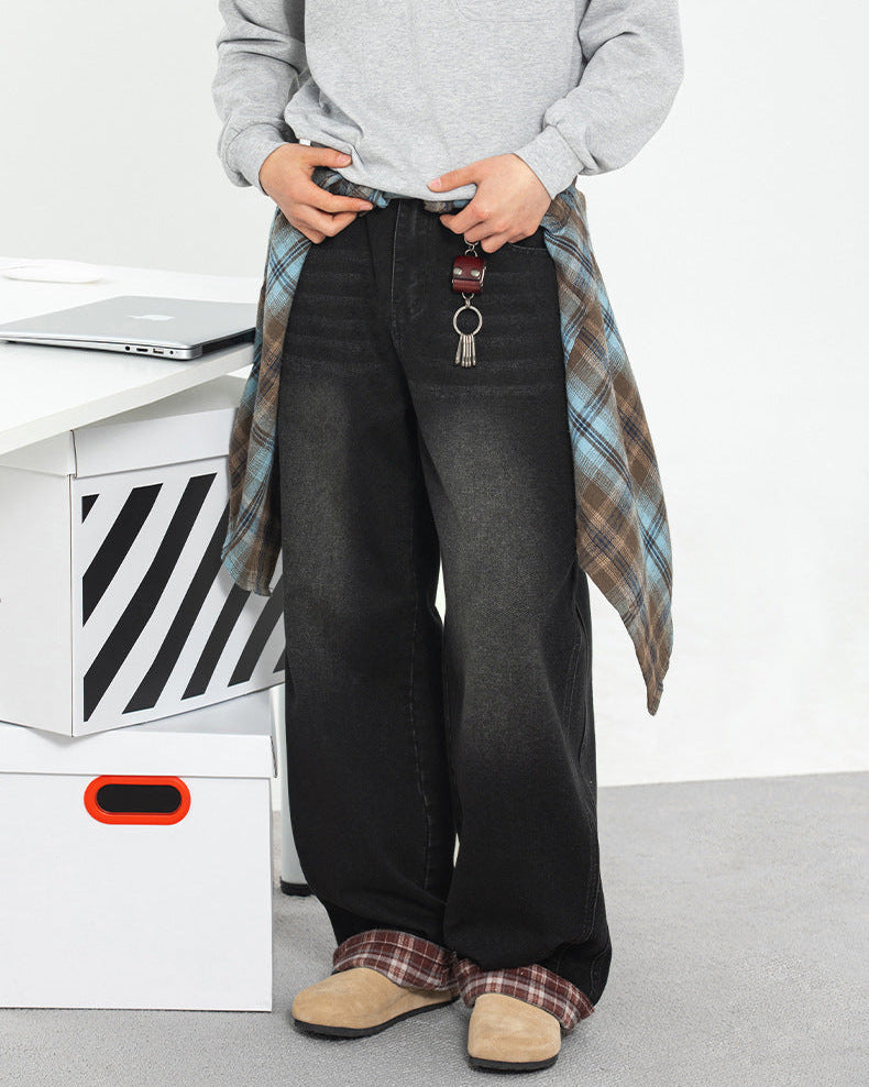 The Retro Plaid Patchwork Washed Jeans