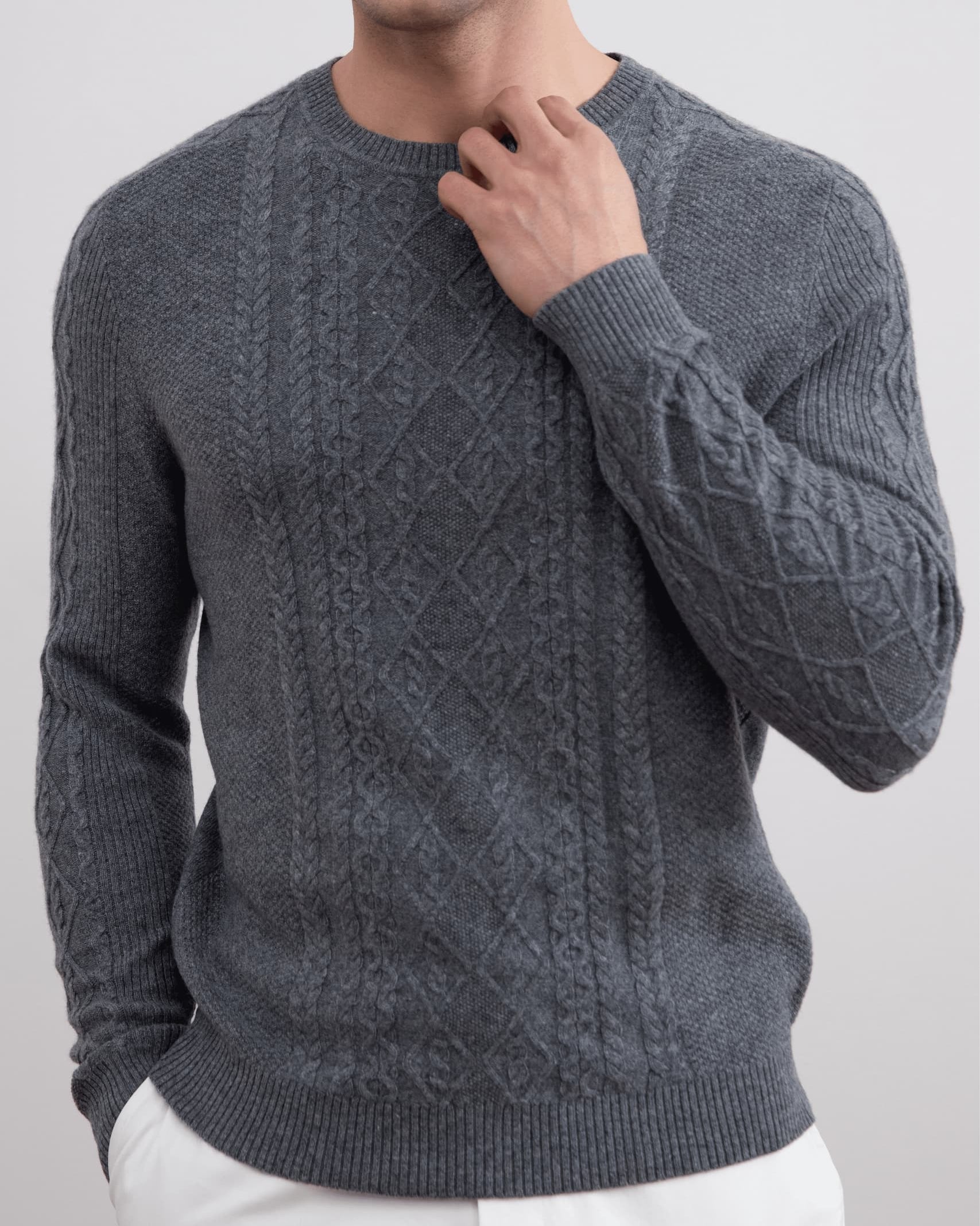 Dark Grey Mélange Cashmere Cable Knit Crewneck