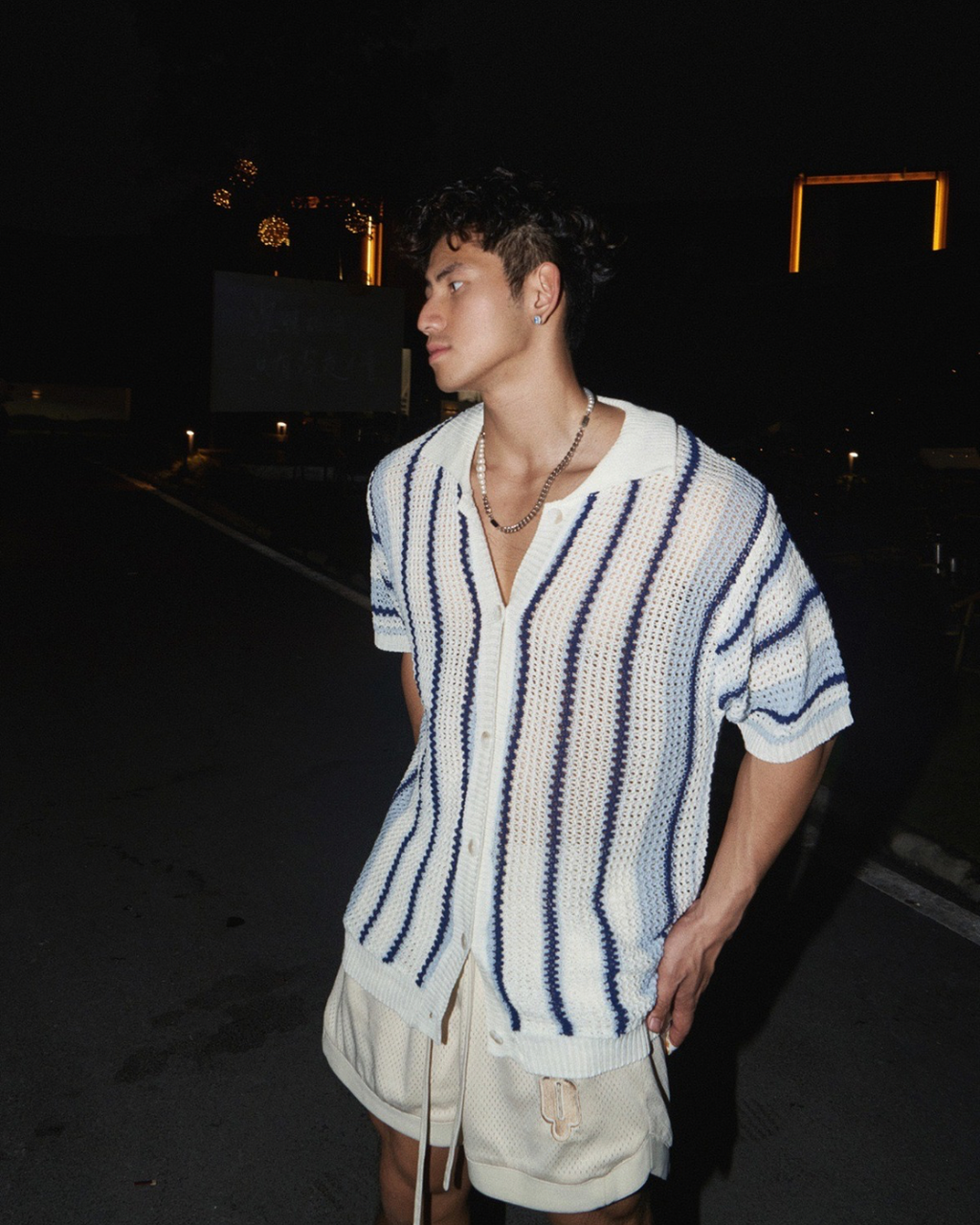 Open‑Knit Striped Button‑Up Shirt
