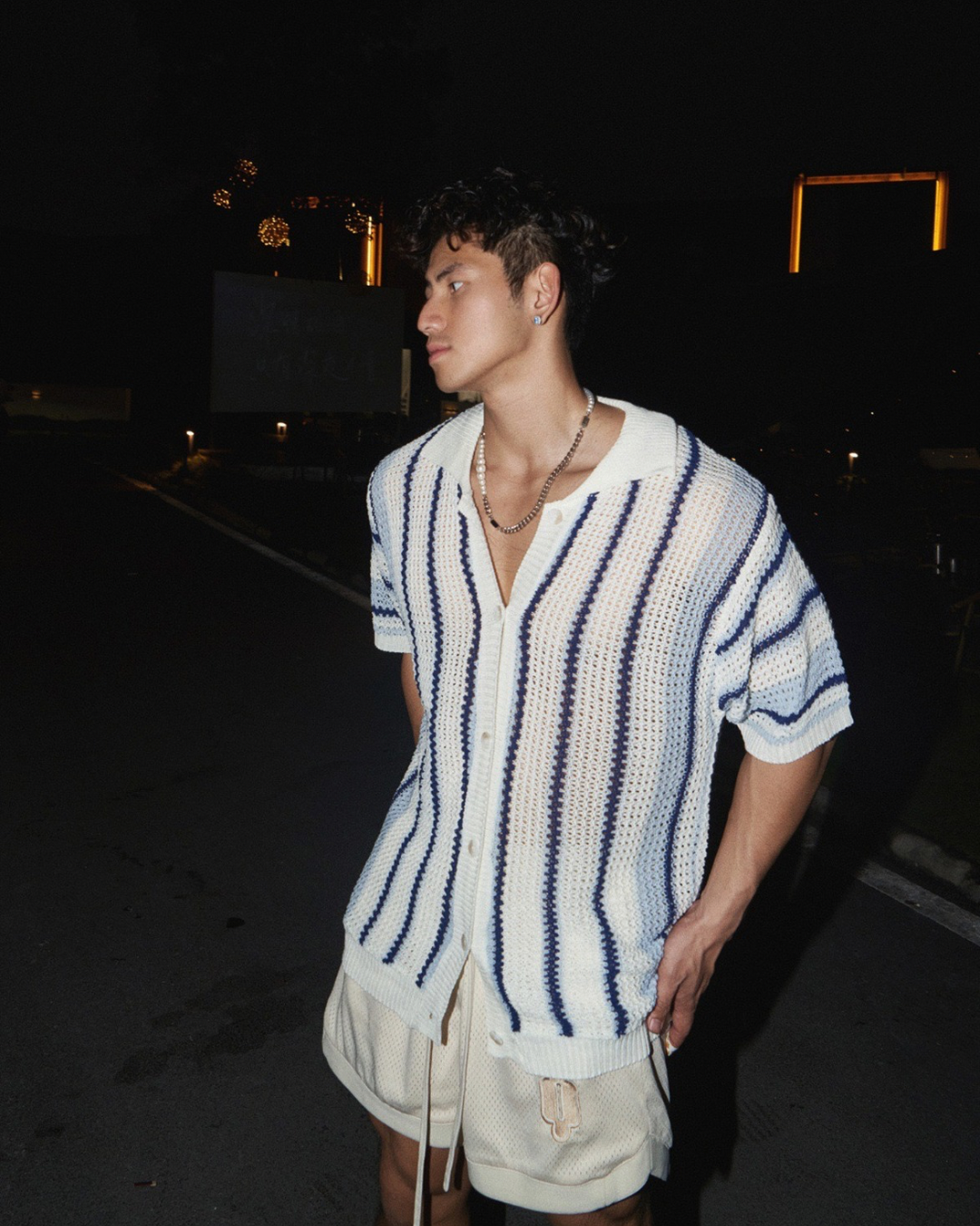 Open‑Knit Striped Button‑Up Shirt