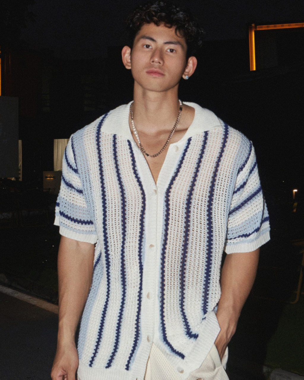 Open‑Knit Striped Button‑Up Shirt