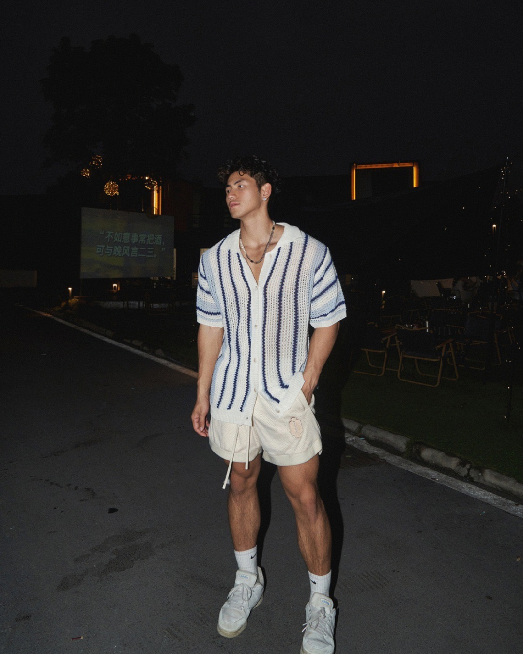 Open‑Knit Striped Button‑Up Shirt