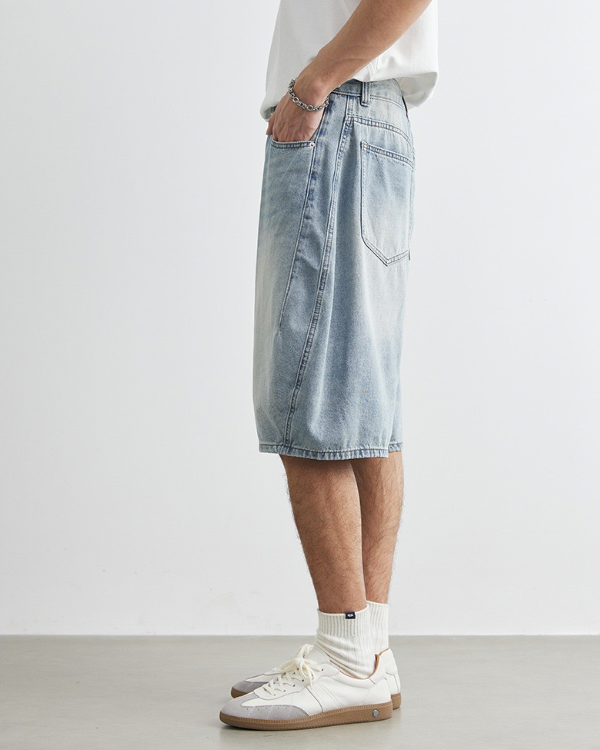 Light Wash 5-Pocket Denim Over the Knee Shorts
