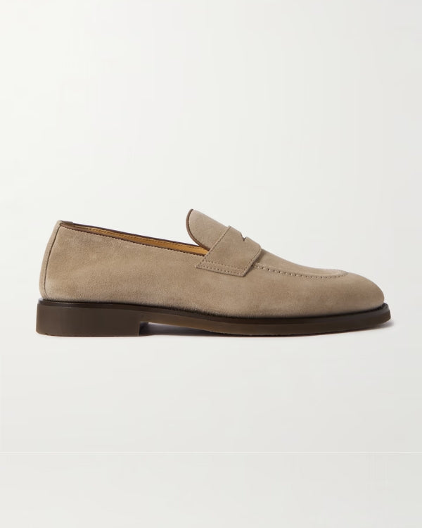 Leather-Trimmed Suede Penny Loafers - caramel