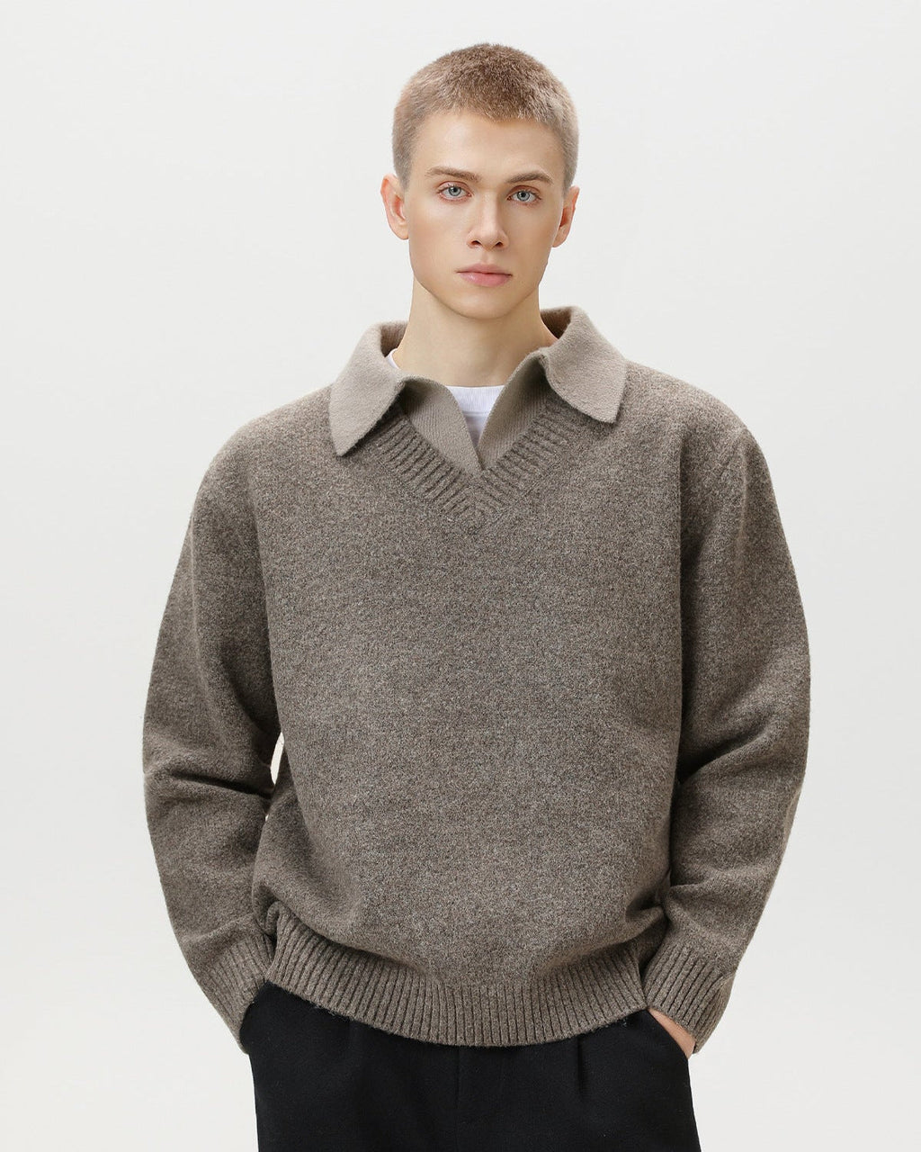 Wool Blend Collar V-Neck Knit Sweater