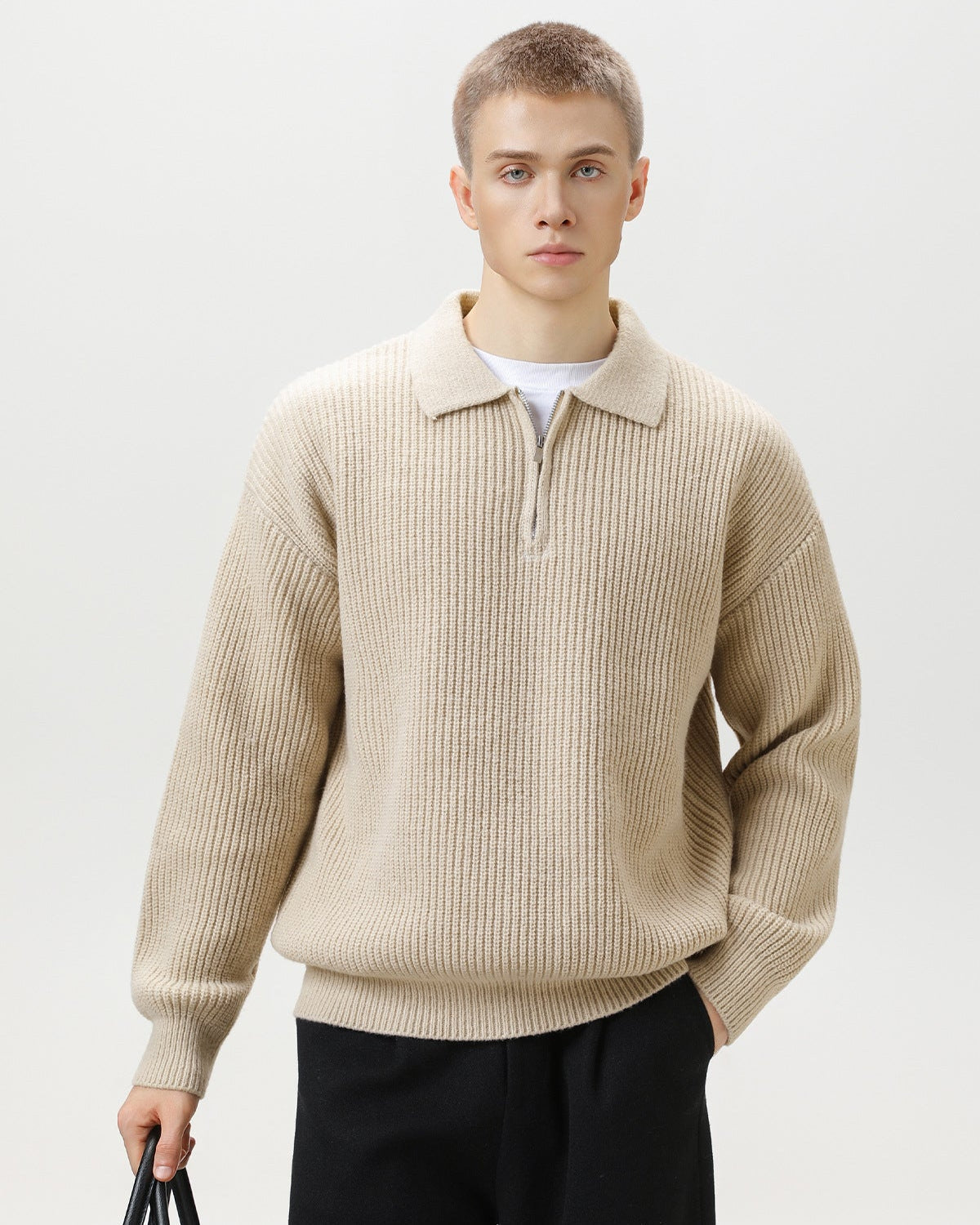 Ribbed Half-Zip Knit Polo Sweater
