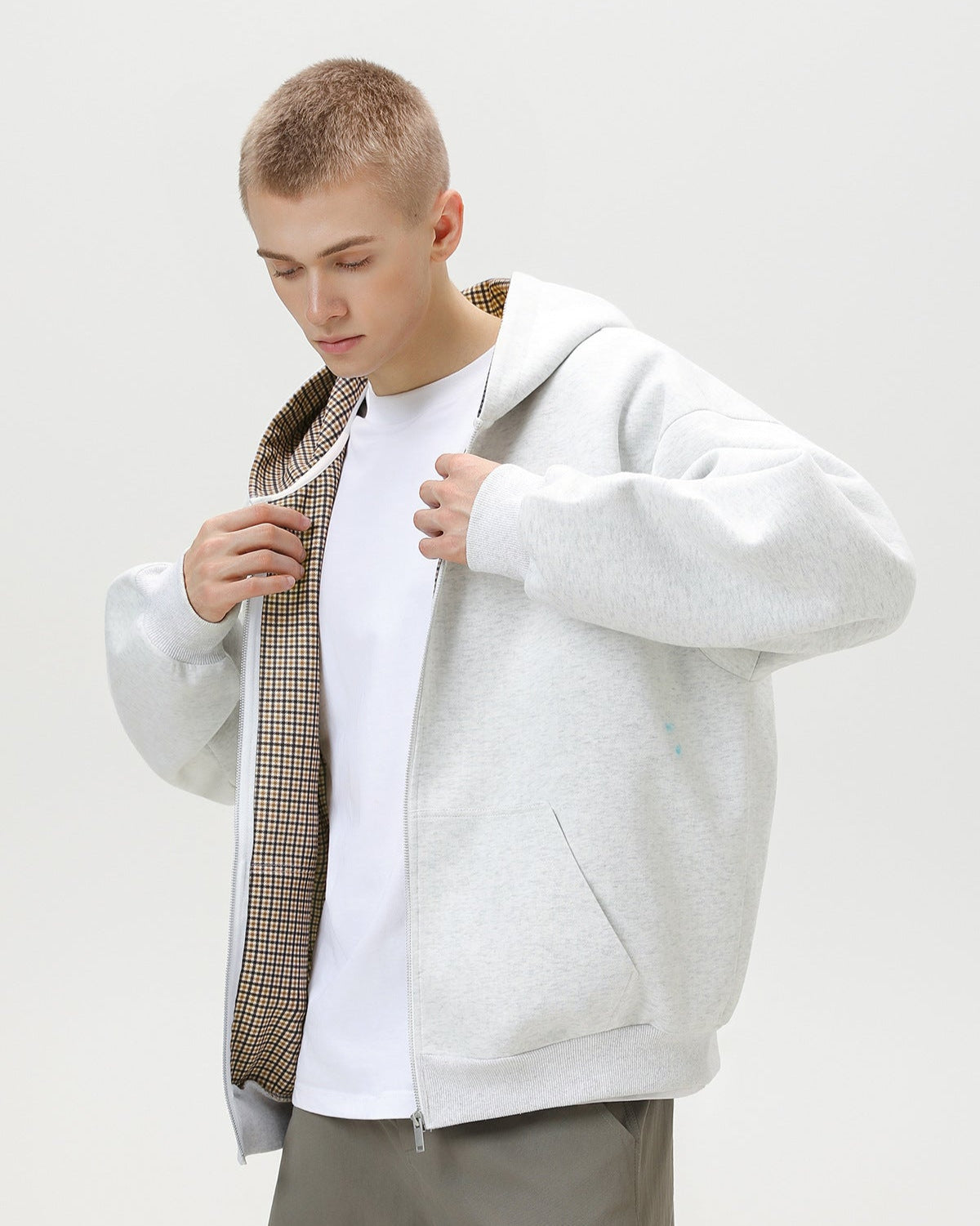 "Get Real" Checked Lined Zip Hoodie Sweater